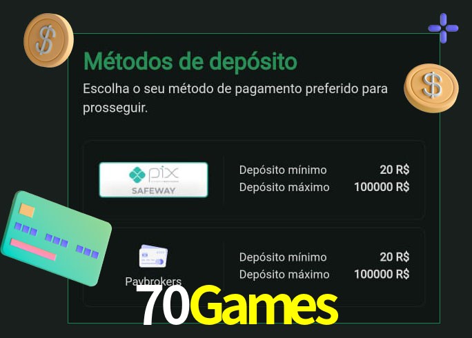 O cassino 70Games oferece uma grande variedade de métodos de pagamento